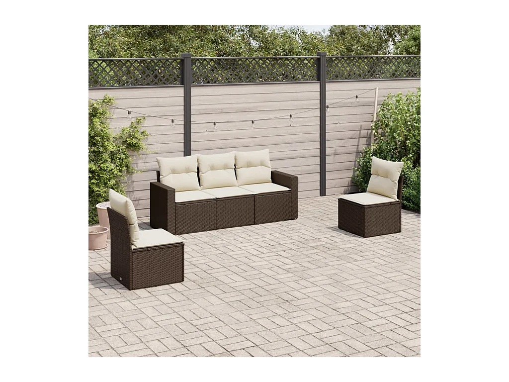 Set Divano da Giardino 5 pz con Cuscini Marrone in Polyrattan