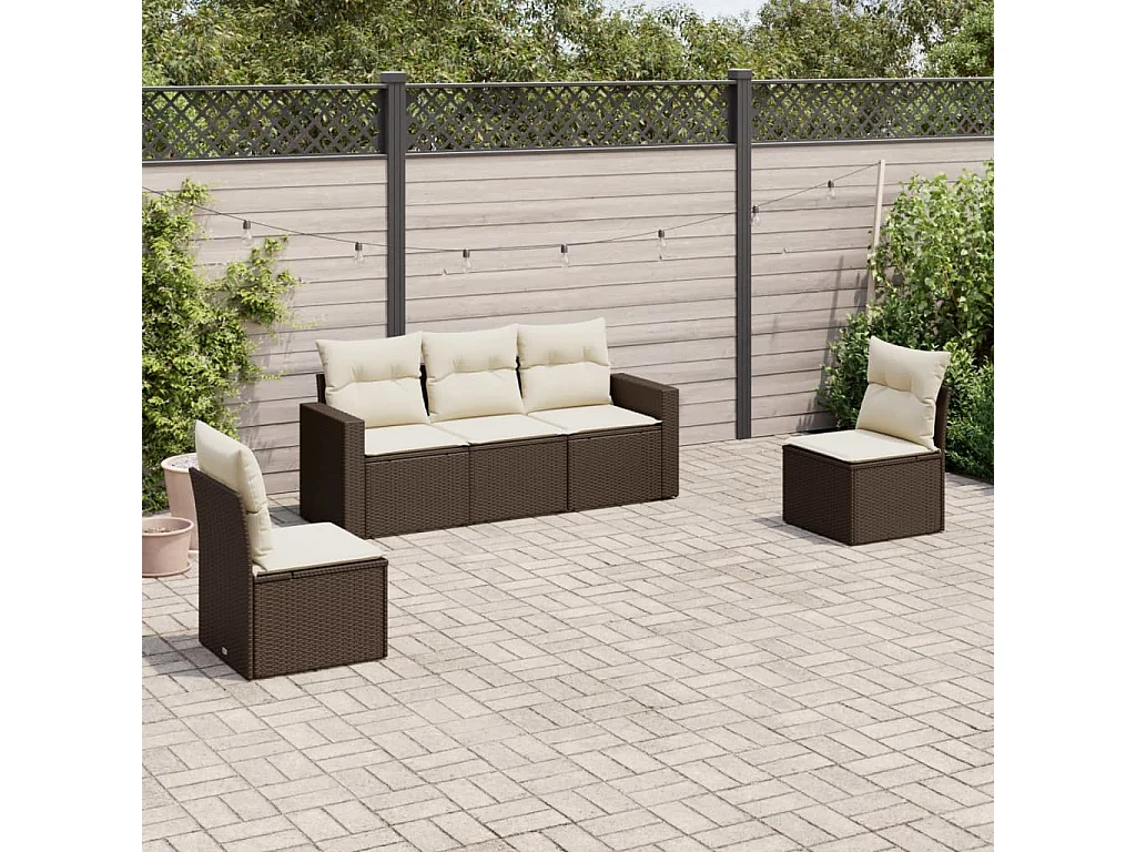 5-delige Loungeset met kussens poly rattan bruin