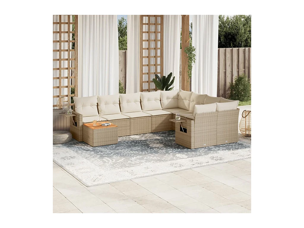 Set Divano da Giardino 10 pz con Cuscini Beige in Polyrattan