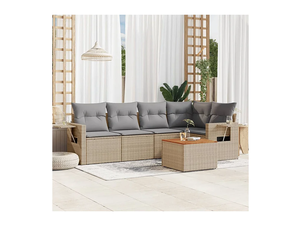 6-delige Loungeset met kussens poly rattan beige