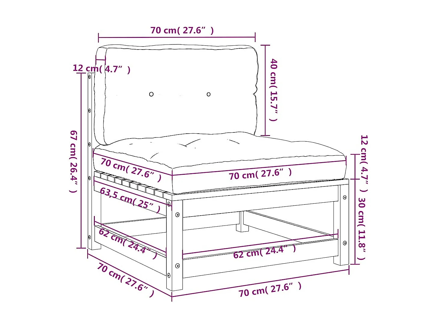 Canapé de jardin sans accoudoirs et coussins bois pin imprégné