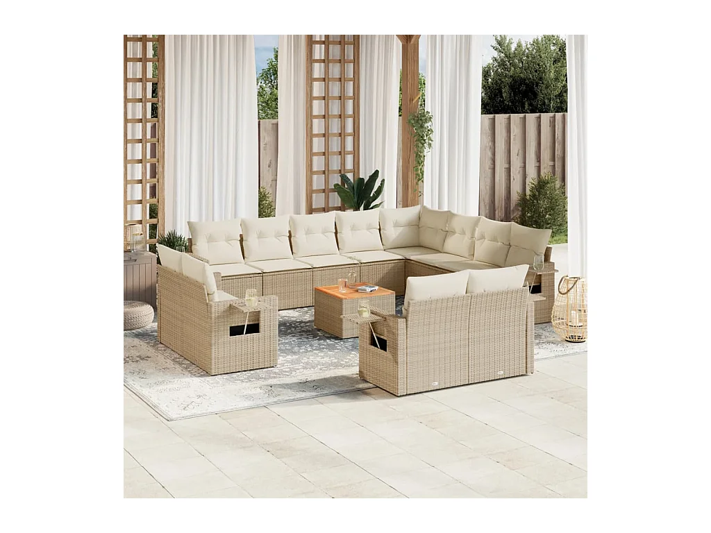 Salon de jardin avec coussins 13 pcs beige résine tressée