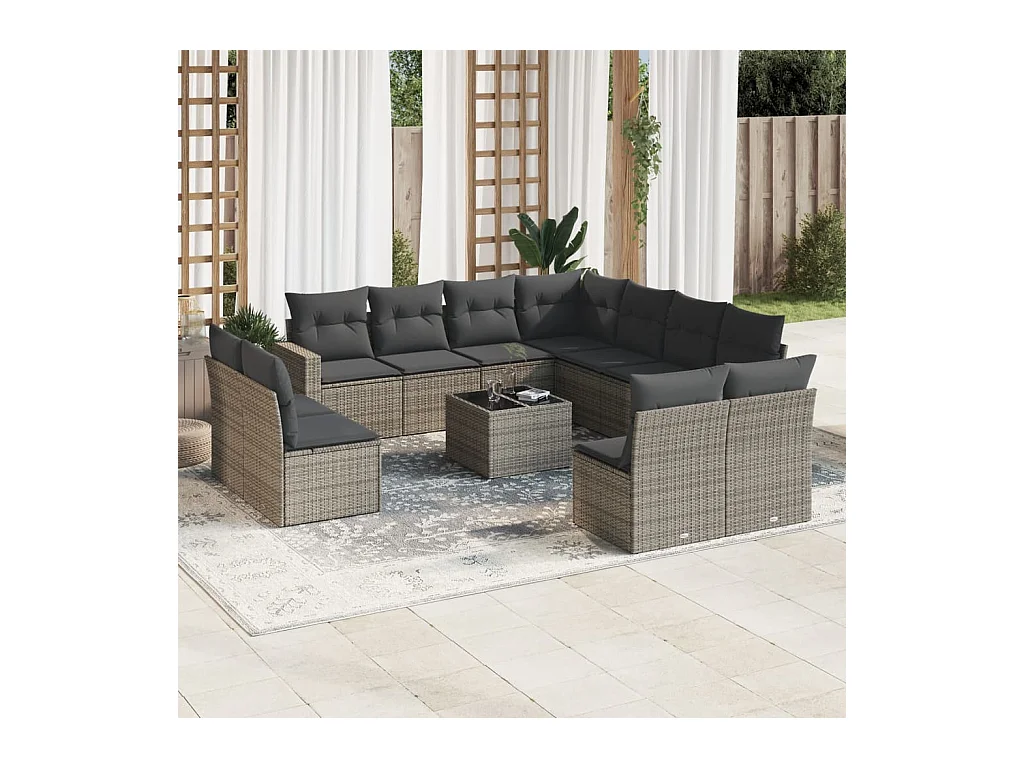 Salon de jardin avec coussins 12 pcs gris résine tressée