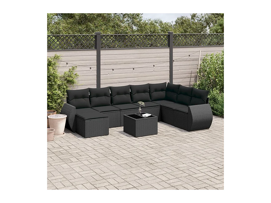 Salon de jardin 9 pcs avec coussins noir résine tressée