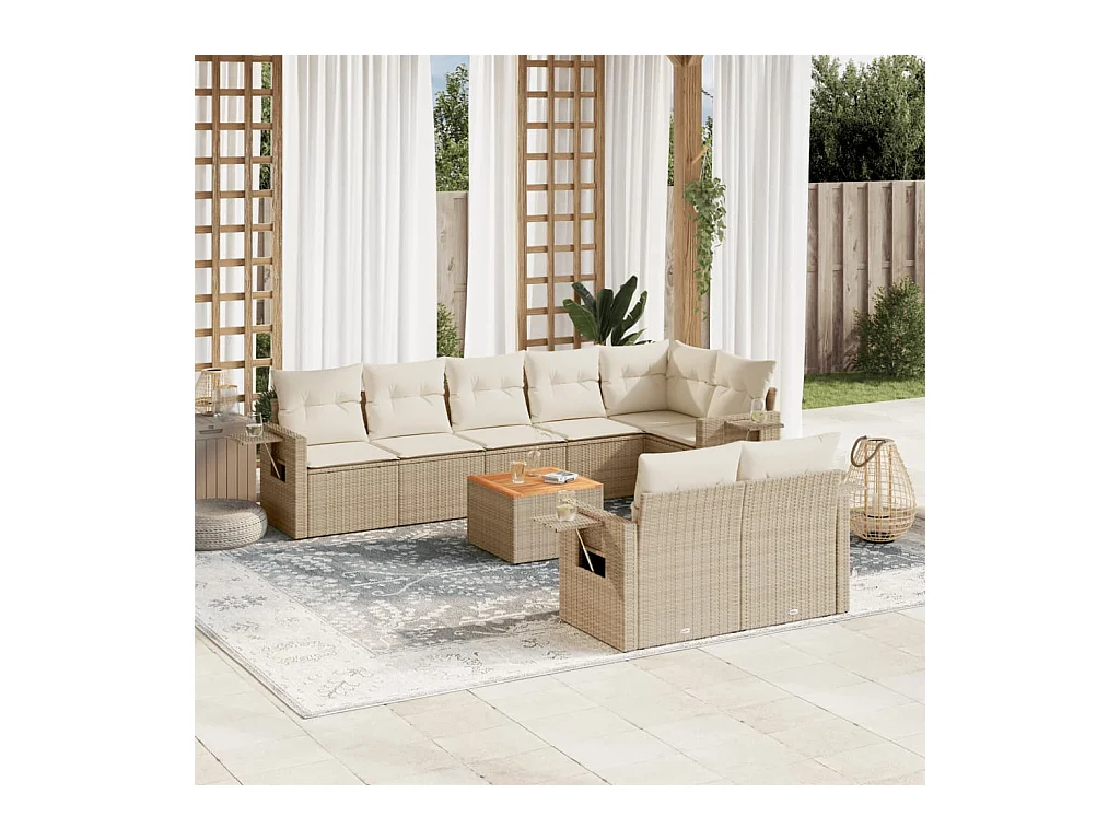 9-delige Loungeset met kussens poly rattan beige