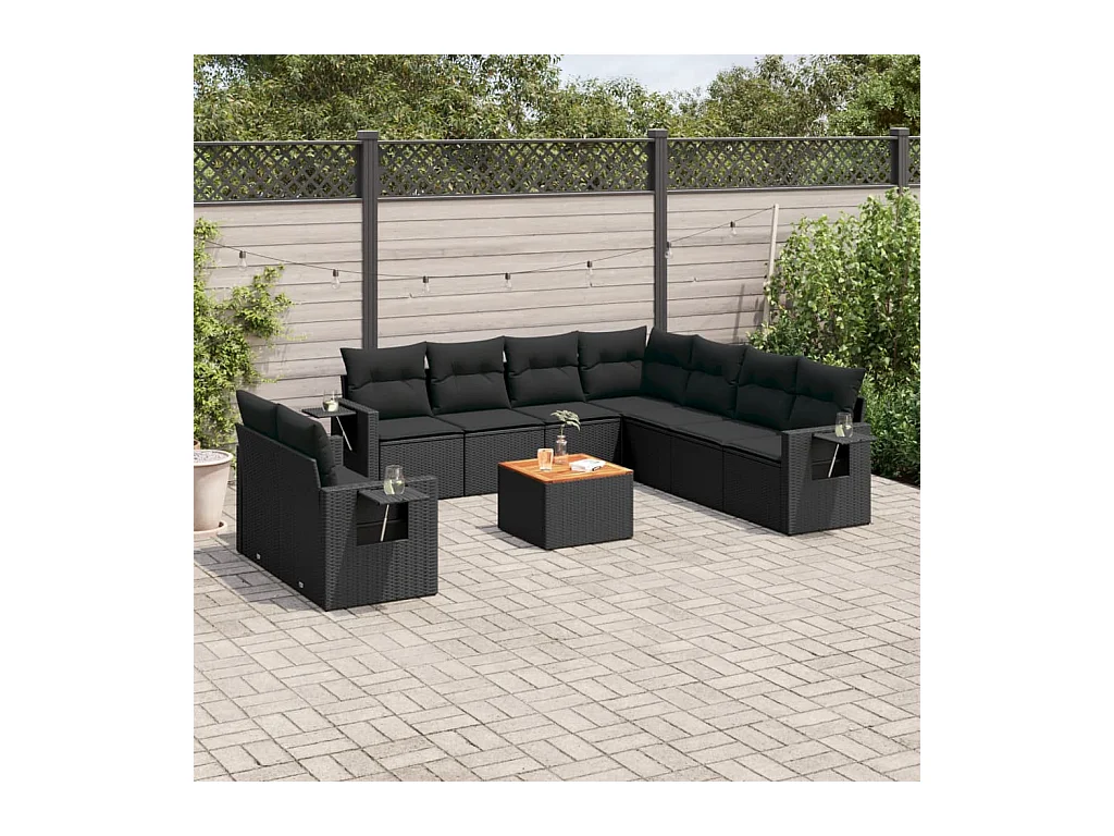 10-delige Loungeset met kussens poly rattan zwart