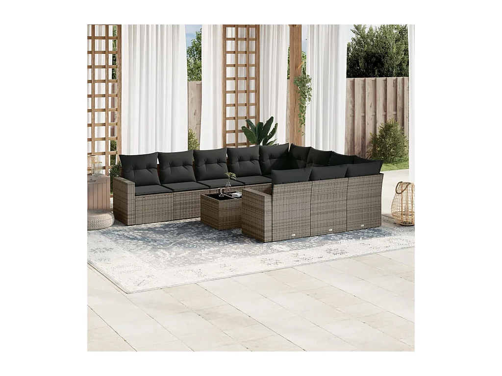 Set Divani da Giardino 11 pz con Cuscini in Polyrattan Grigio