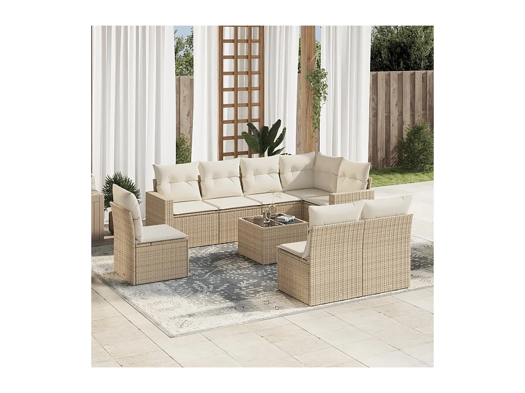 Salon de jardin avec coussins 9 pcs beige résine tressée
