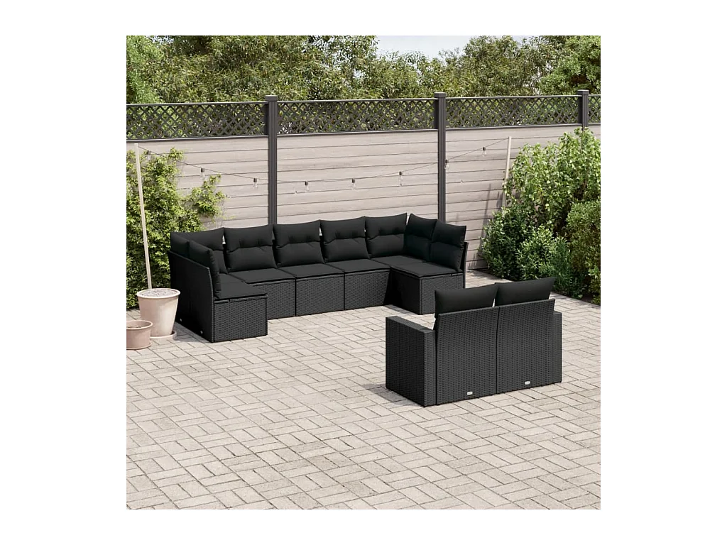 Salon de jardin 9 pcs avec coussins noir résine tressée
