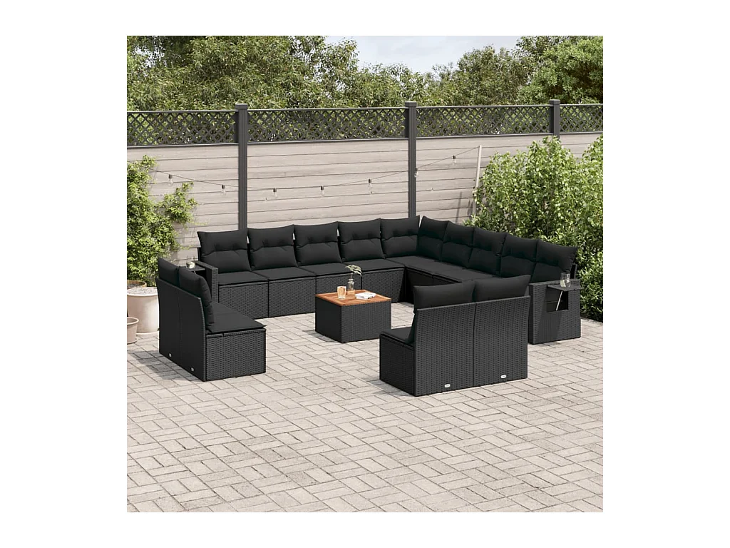 Salon de jardin avec coussins 14 pcs noir résine tressée