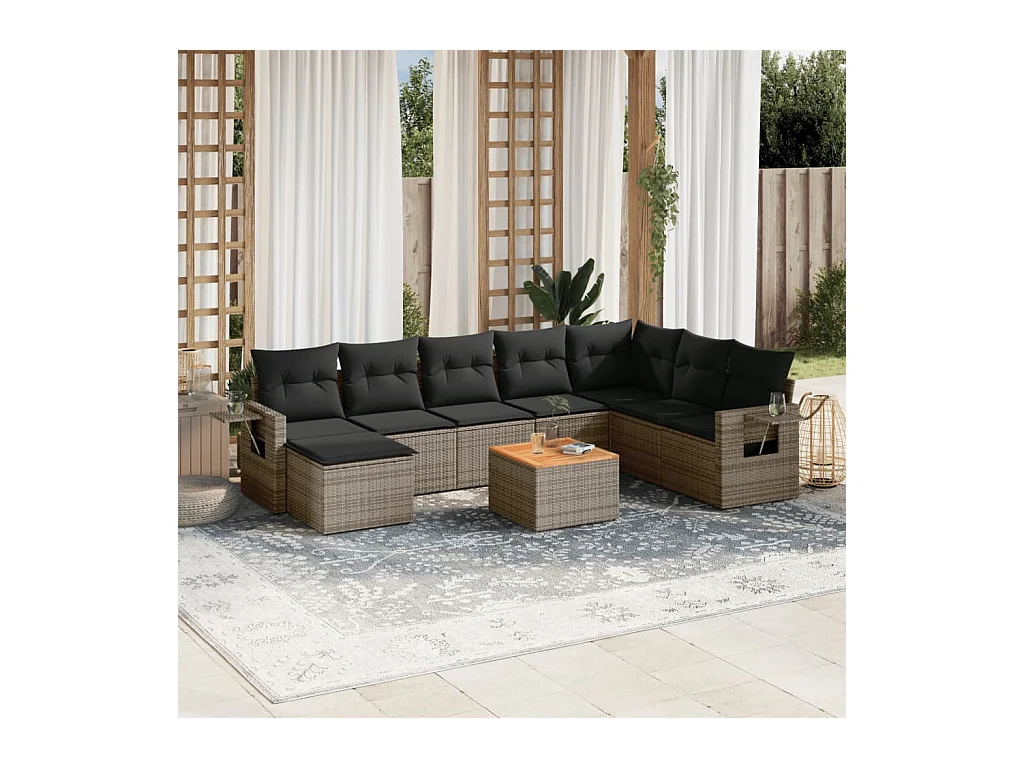 Set Divano da Giardino 9 pz con Cuscini Grigio in Polyrattan