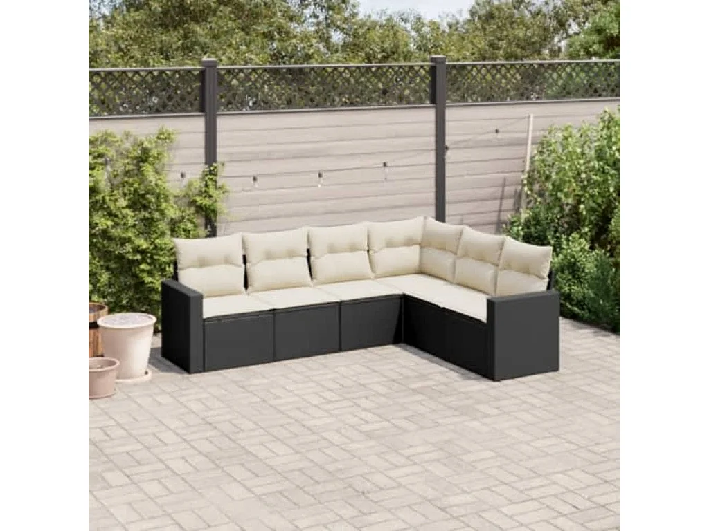 Salon de jardin 6 pcs avec coussins noir résine tressée