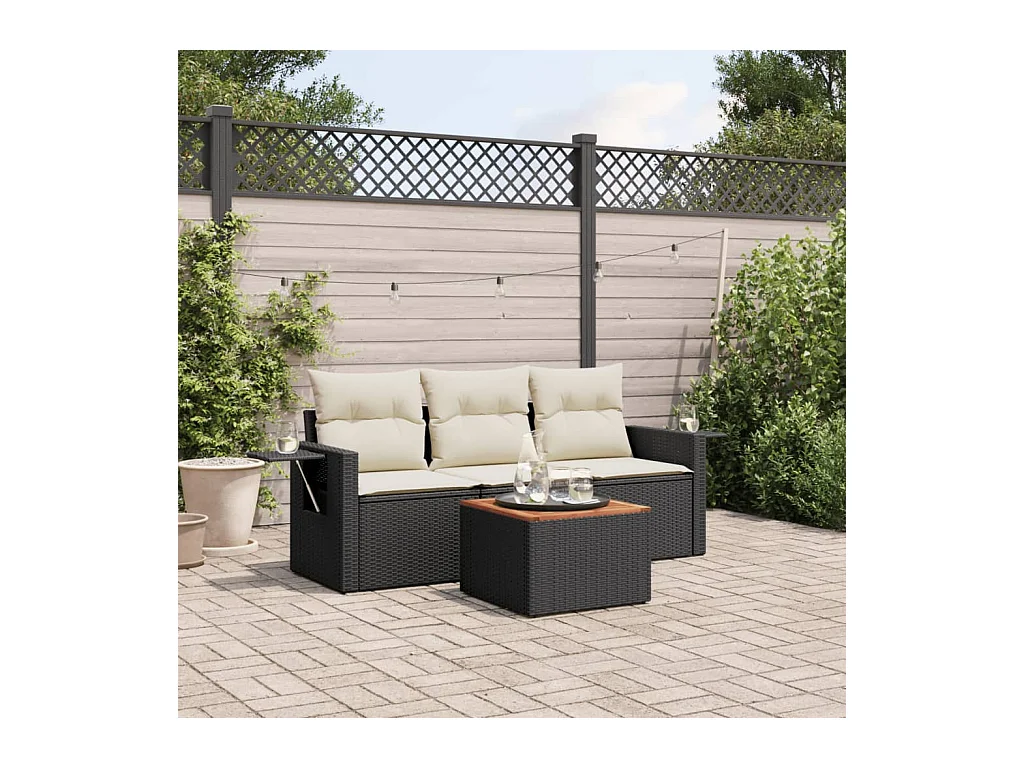 4-delige Loungeset met kussens poly rattan zwart