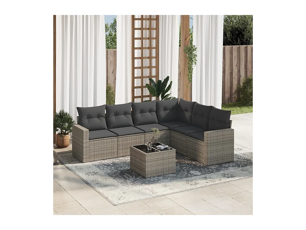 Salon de jardin avec coussins 7 pcs gris résine tressée