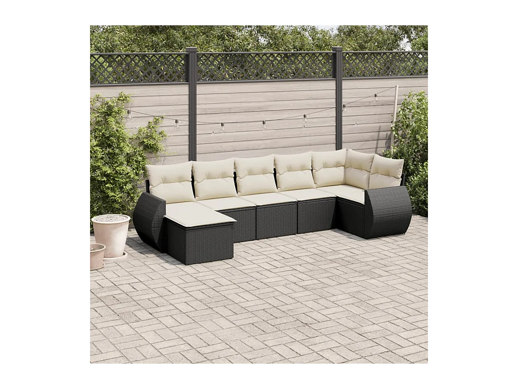 7-tlg. Garten-Sofagarnitur mit Kissen Schwarz Poly Rattan