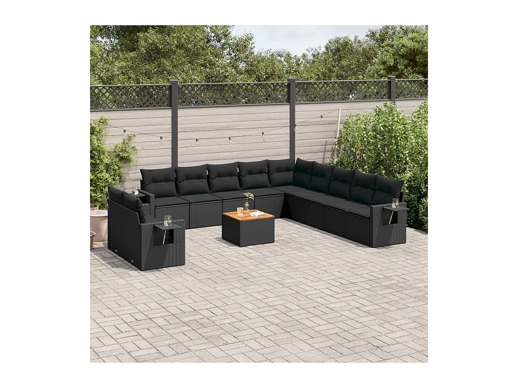 Salon de jardin 12 pcs avec coussins noir résine tressée