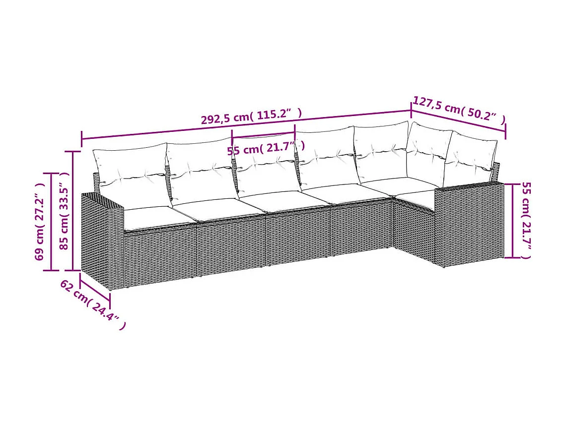 Salon de jardin 6 pcs avec coussins noir résine tressée