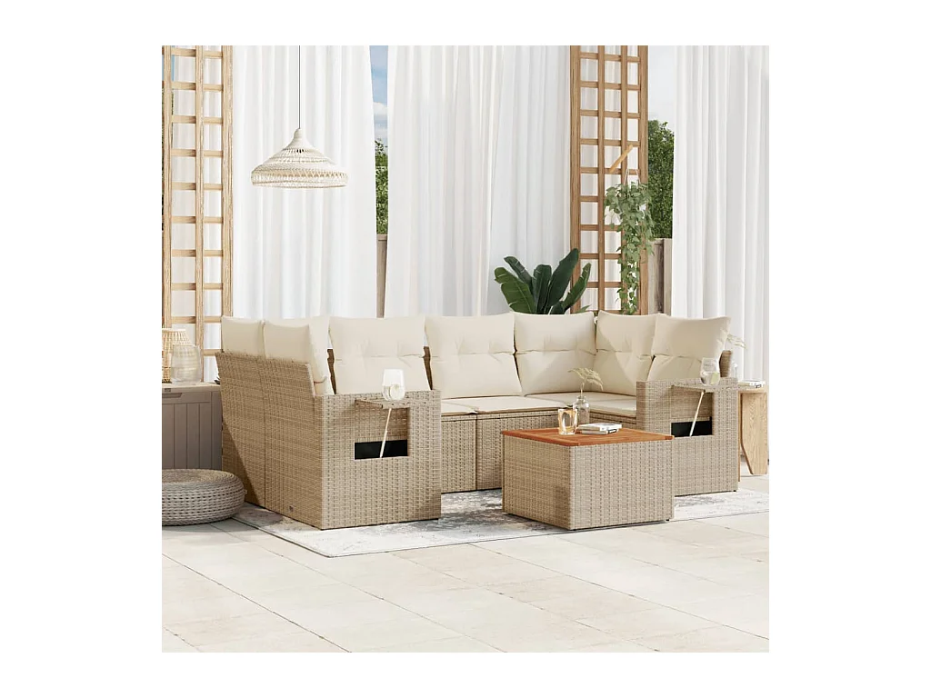 7-delige Loungeset met kussens poly rattan beige