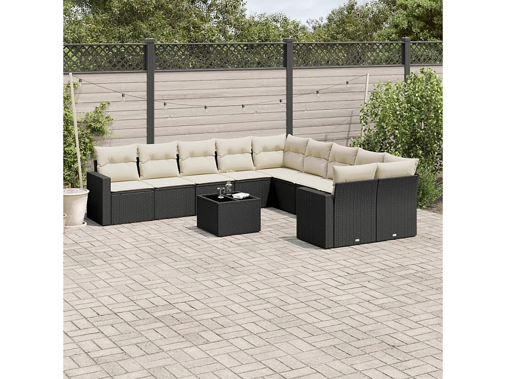 11-delige Loungeset met kussens poly rattan zwart