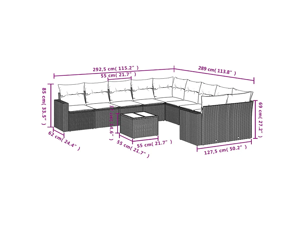 11-delige Loungeset met kussens poly rattan zwart