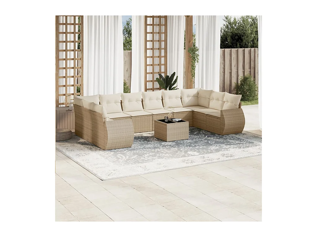 11 pcs conjunto sofás de jardim c/ almofadões vime PE bege
