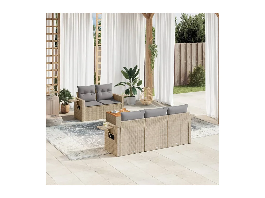 Set Divano da Giardino 6 pz con Cuscini Beige in Polyrattan