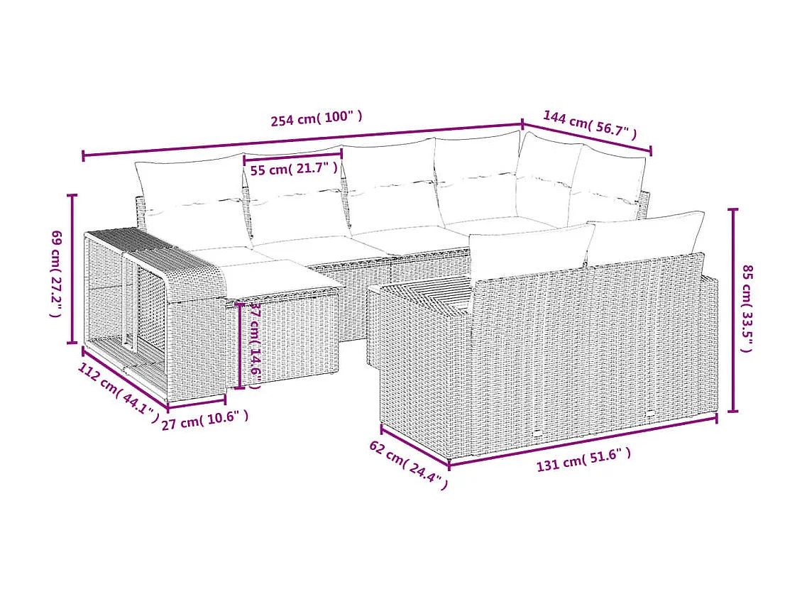 11-tlg. Garten-Sofagarnitur mit Kissen Schwarz Poly Rattan
