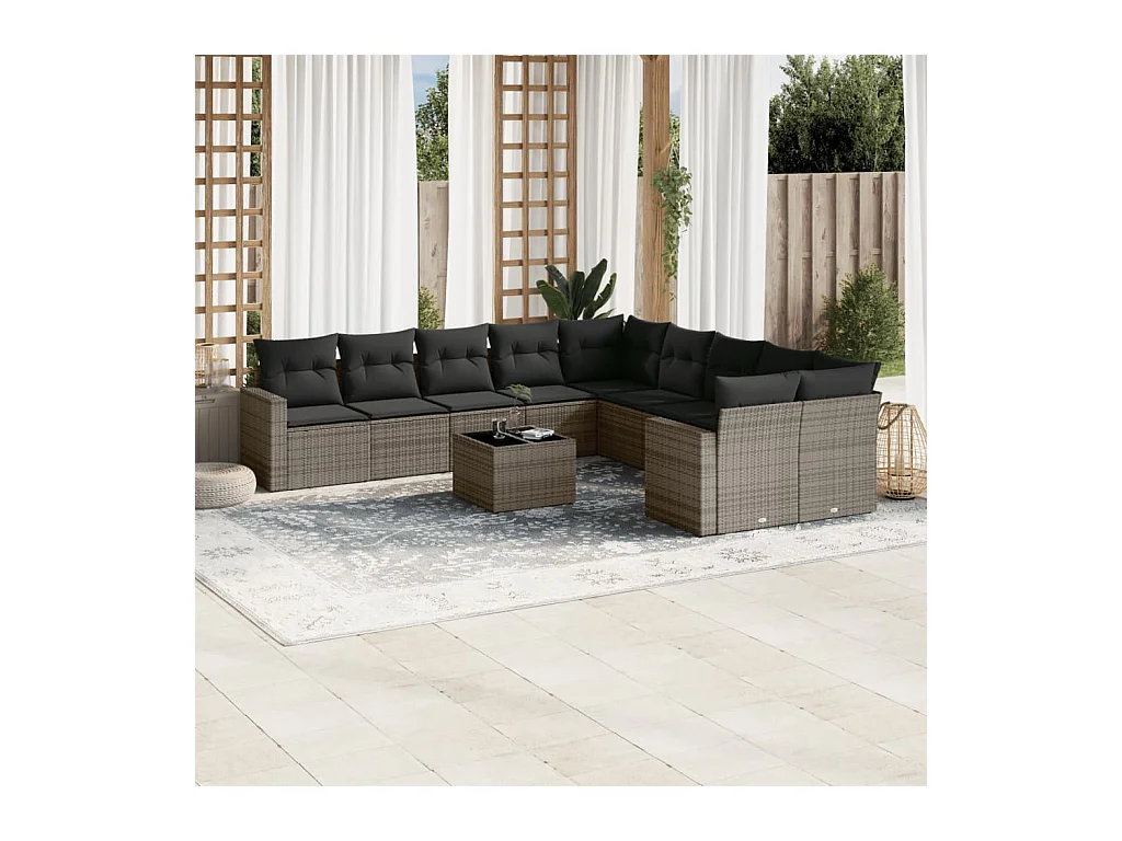 Set Divani da Giardino 11 pz con Cuscini in Polyrattan Grigio