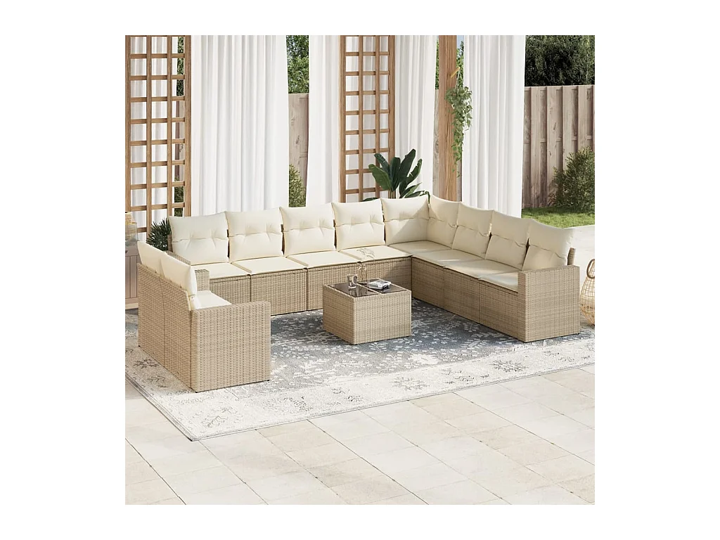 Salon de jardin 11 pcs avec coussins beige résine tressée