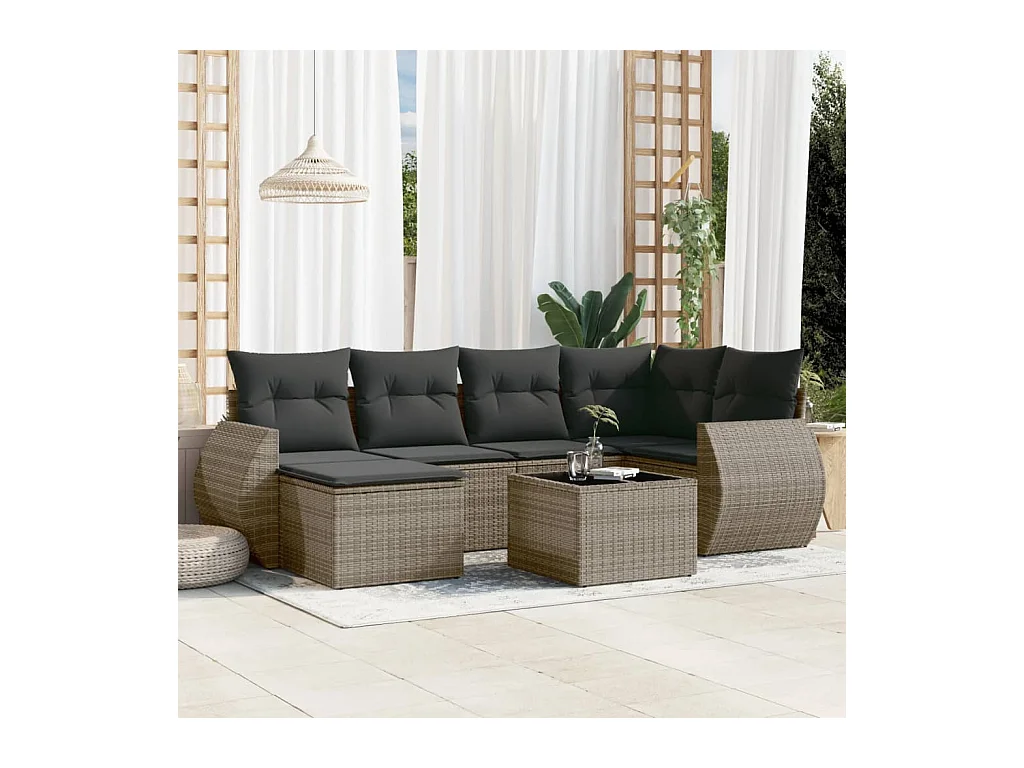 7-delige Loungeset met kussens poly rattan grijs