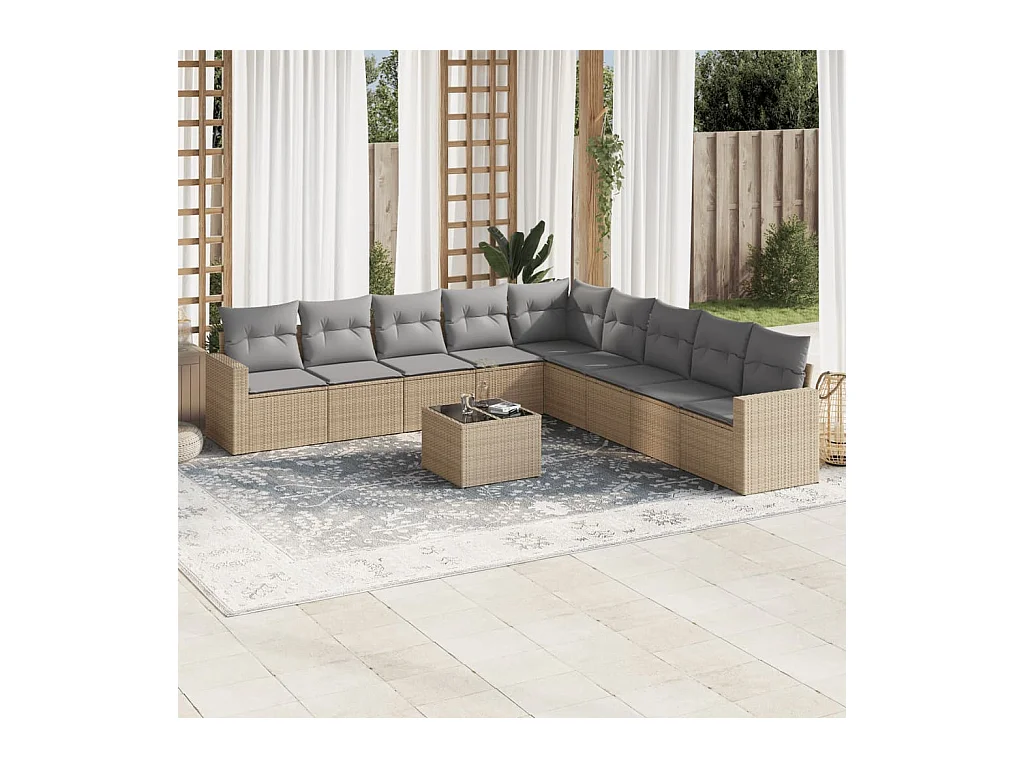 10-delige Loungeset met kussens poly rattan beige