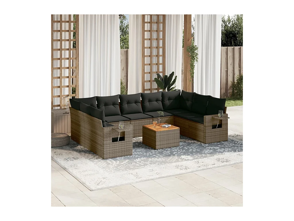 Set Divano da Giardino 10 pz con Cuscini Grigio in Polyrattan