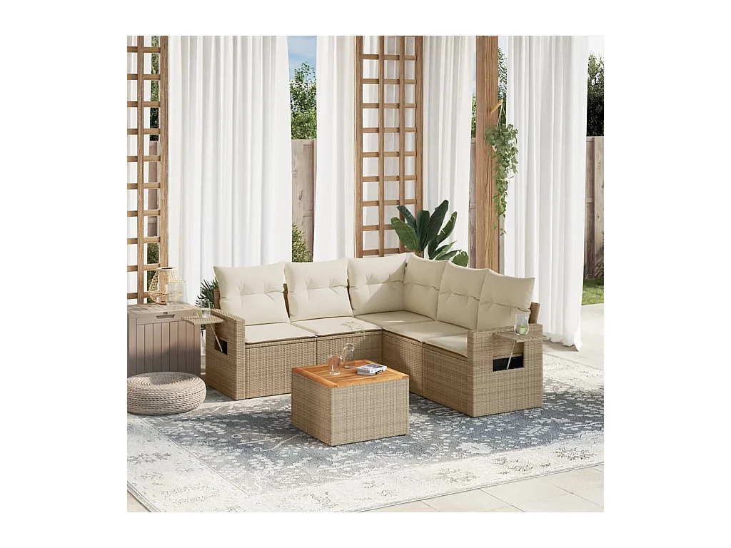 6-delige Loungeset met kussens poly rattan beige
