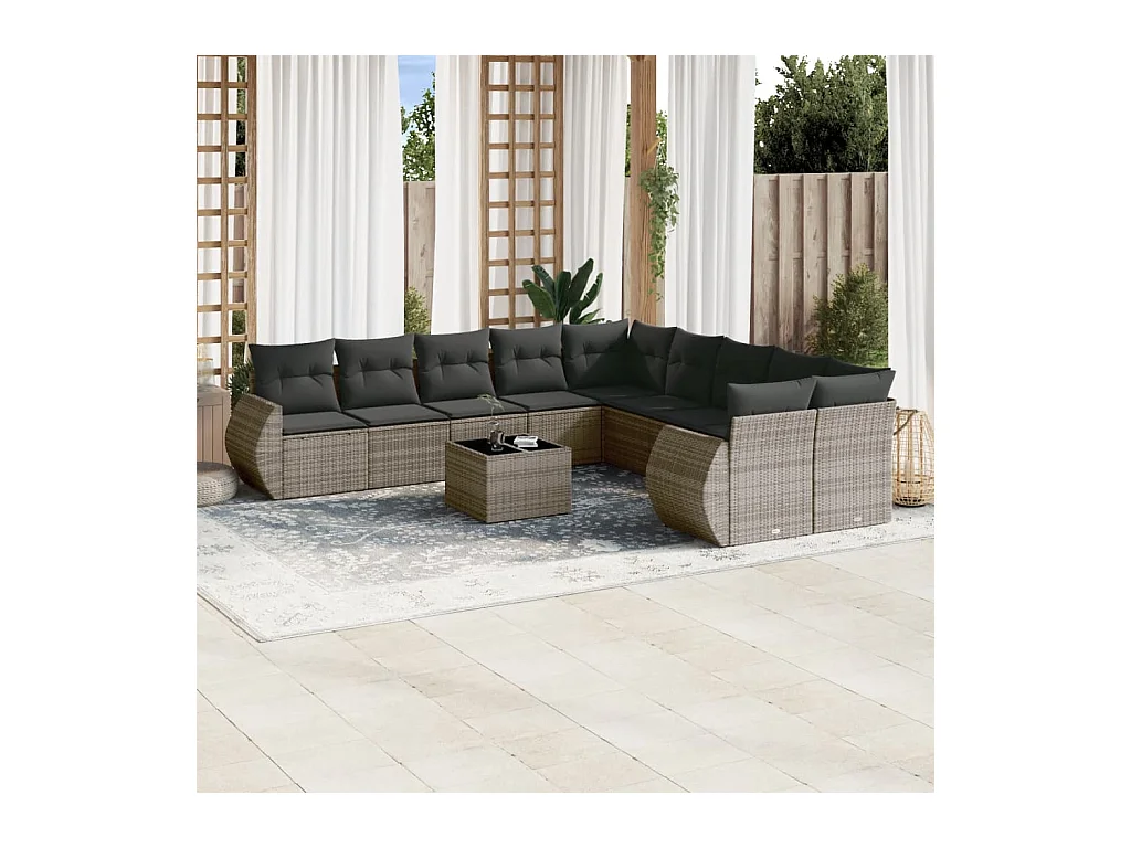 11-tlg. Garten-Sofagarnitur mit Kissen Grau Poly Rattan