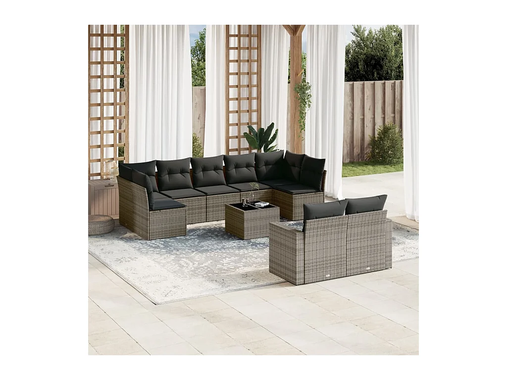 10-tlg. Garten-Sofagarnitur mit Kissen Grau Poly Rattan