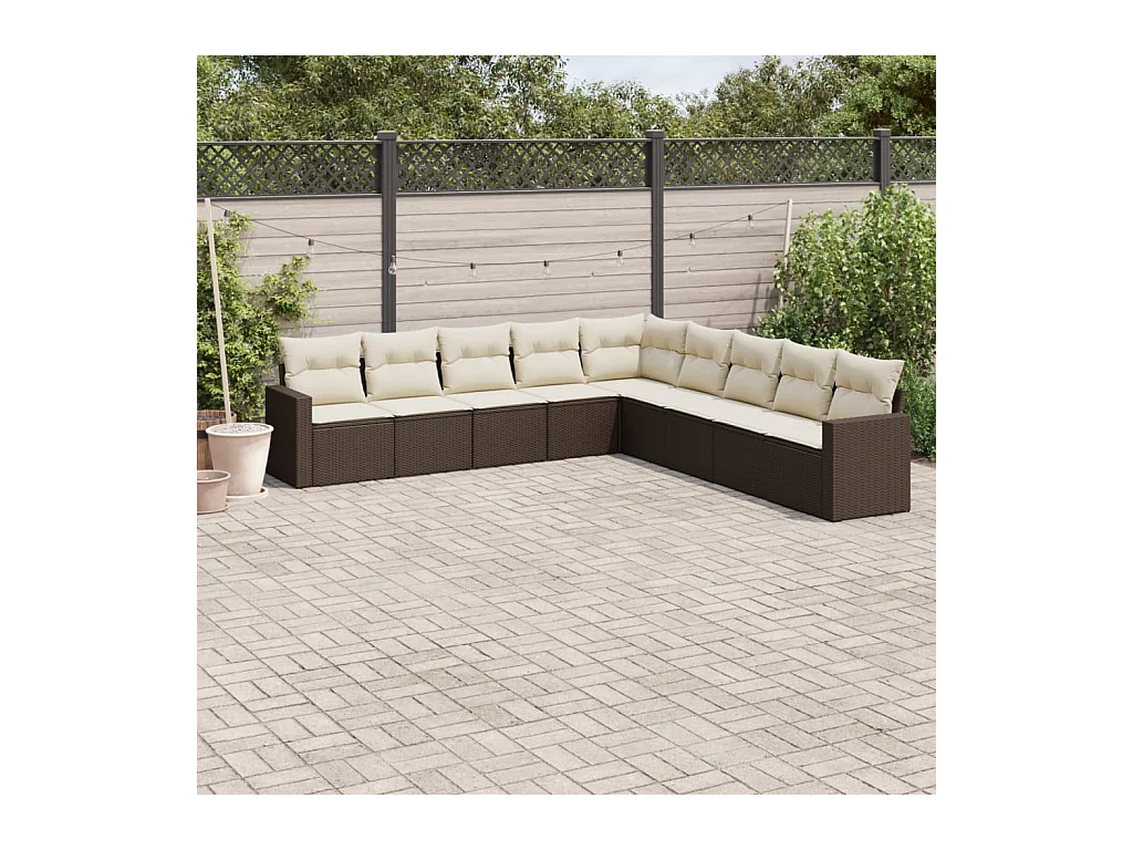 Salon de jardin avec coussins 9 pcs marron résine tressée