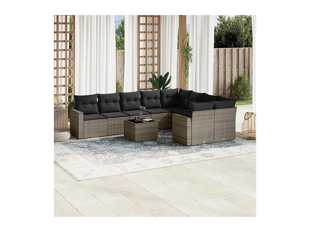 Set Divano da Giardino 10 pz con Cuscini Grigio in Polyrattan