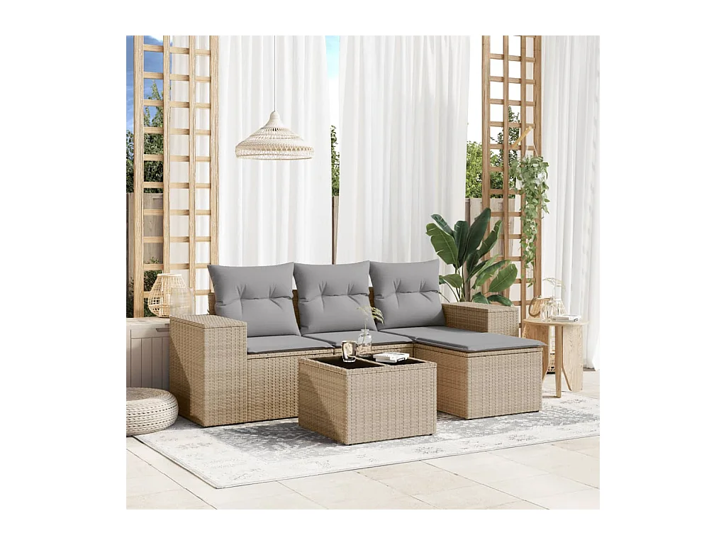 Salon de jardin avec coussins 5 pcs beige résine tressée