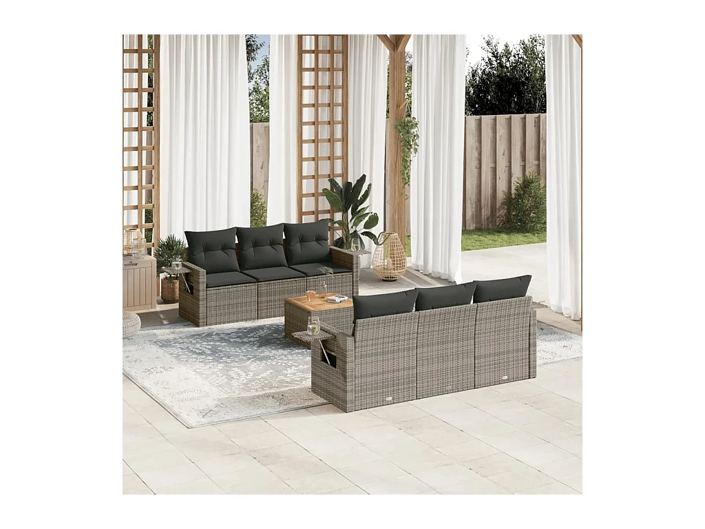 7-delige Loungeset met kussens poly rattan grijs