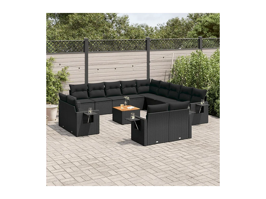 Salon de jardin avec coussins 14 pcs noir résine tressée
