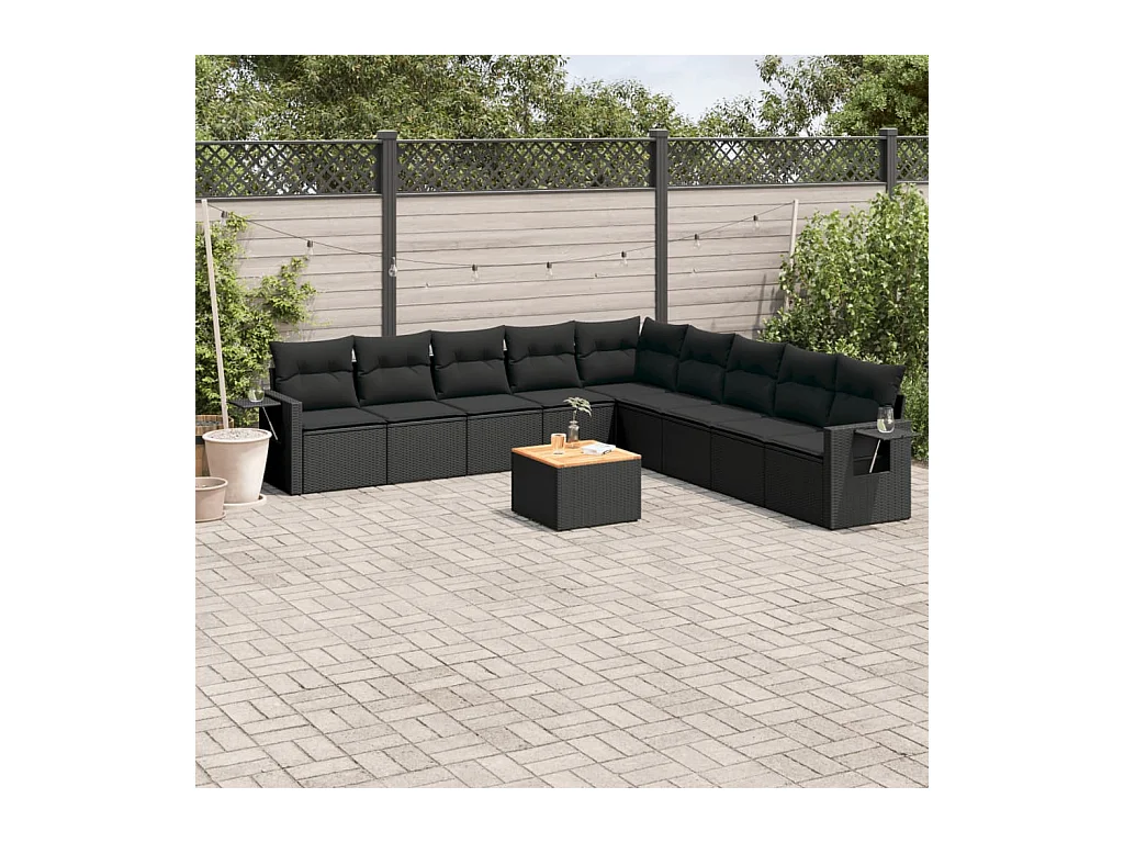 10-delige Loungeset met kussens poly rattan zwart