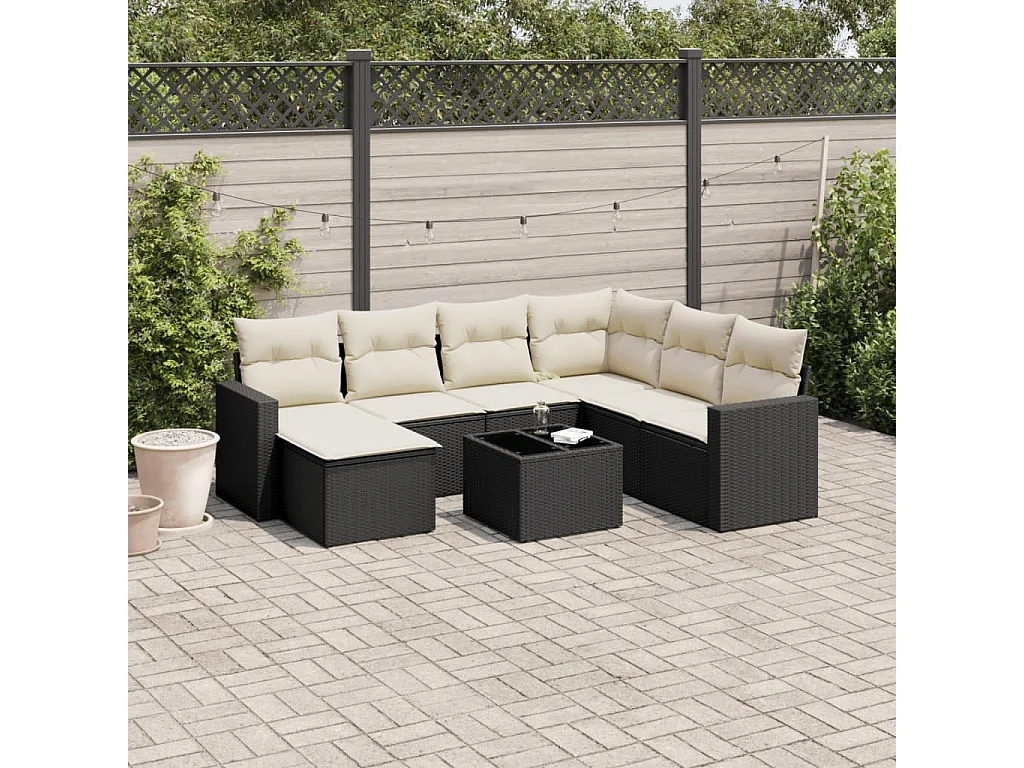 Salon de jardin 8 pcs avec coussins noir résine tressée