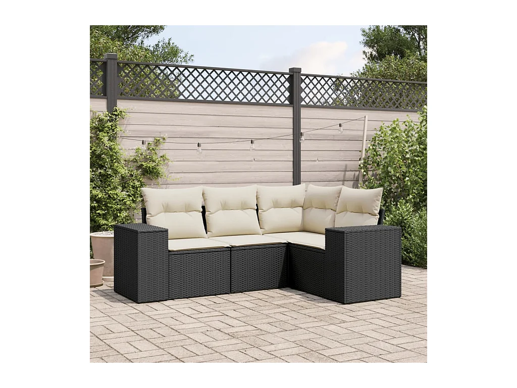 Salon de jardin 4 pcs avec coussins noir résine tressée