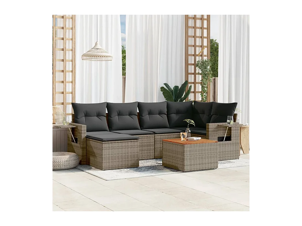 7-delige Loungeset met kussens poly rattan grijs