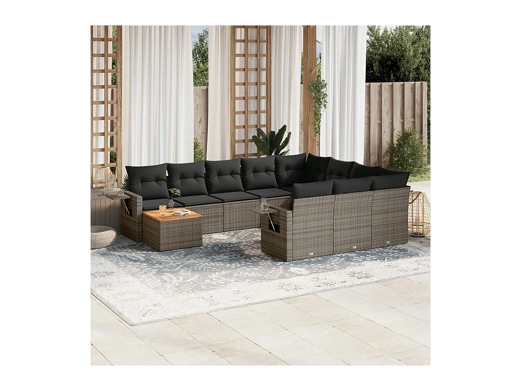 Salon de jardin 11 pcs avec coussins gris résine tressée