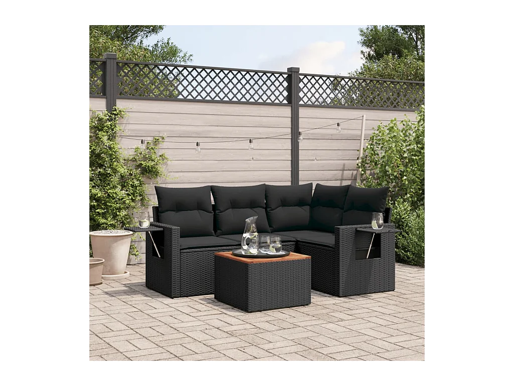 5-delige Loungeset met kussens poly rattan zwart