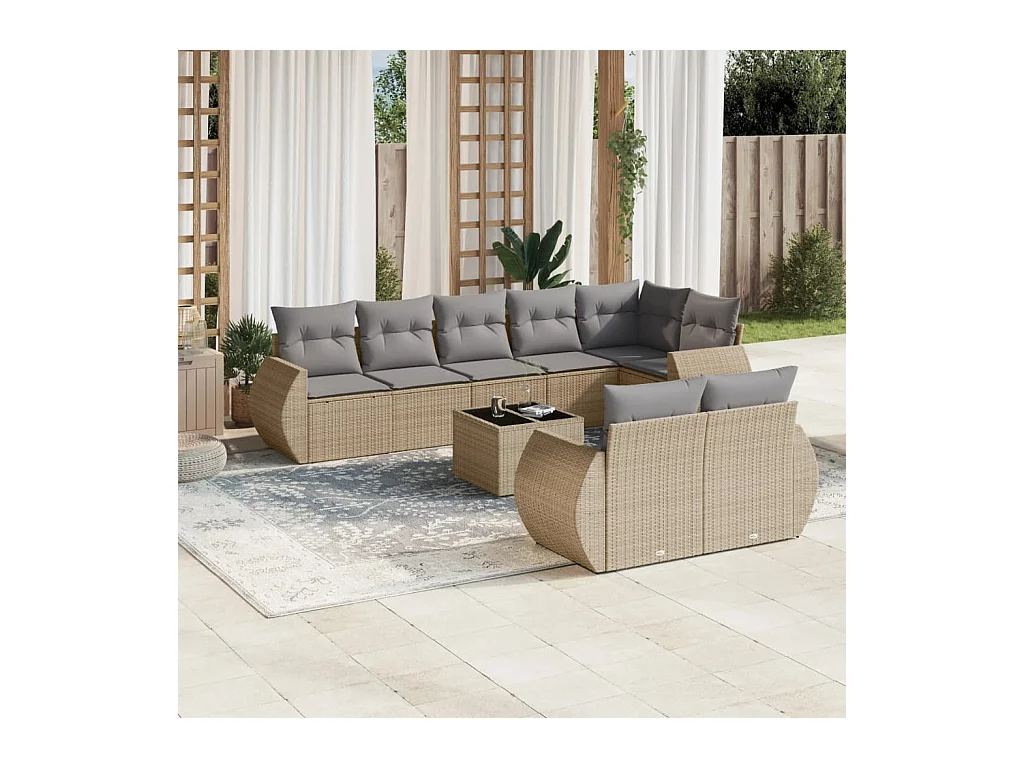 9-tlg. Garten-Sofagarnitur mit Kissen Beige Poly Rattan