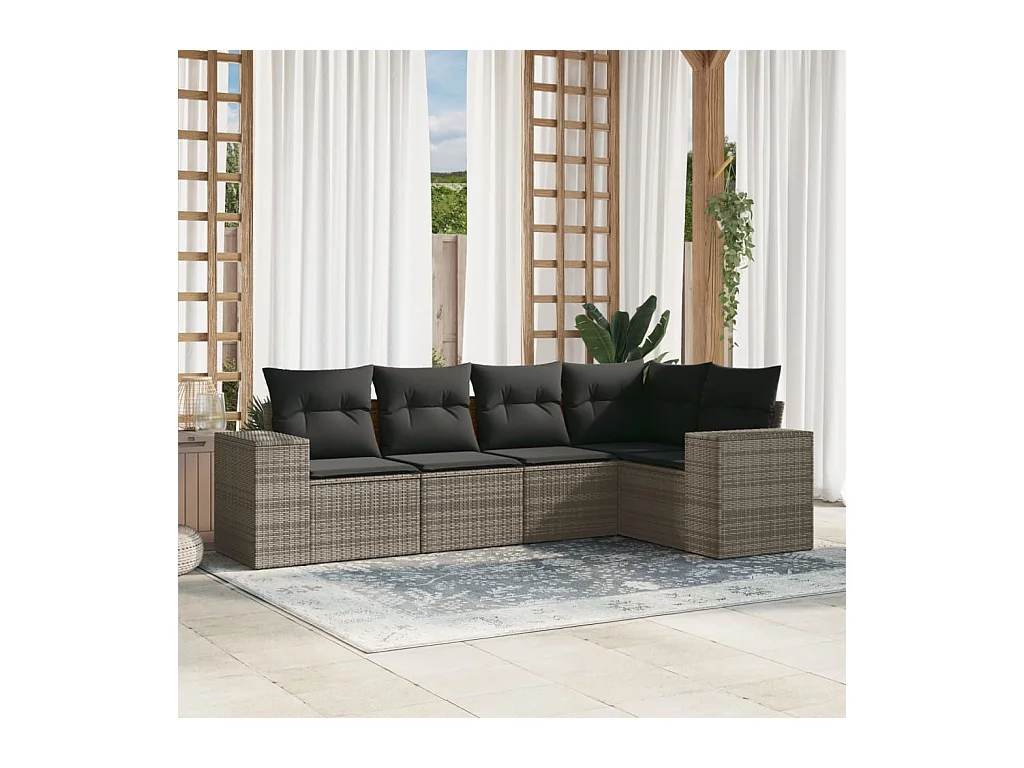 Set Divano da Giardino 5 pz con Cuscini Grigio in Polyrattan