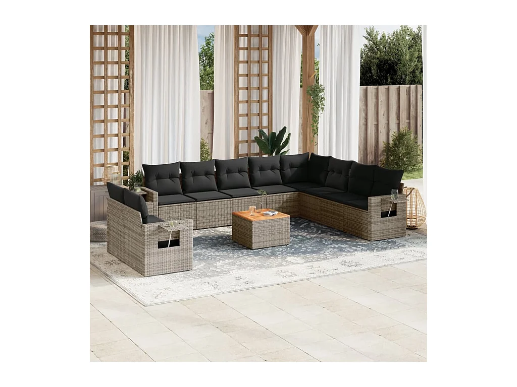 11-tlg. Garten-Sofagarnitur mit Kissen Grau Poly Rattan