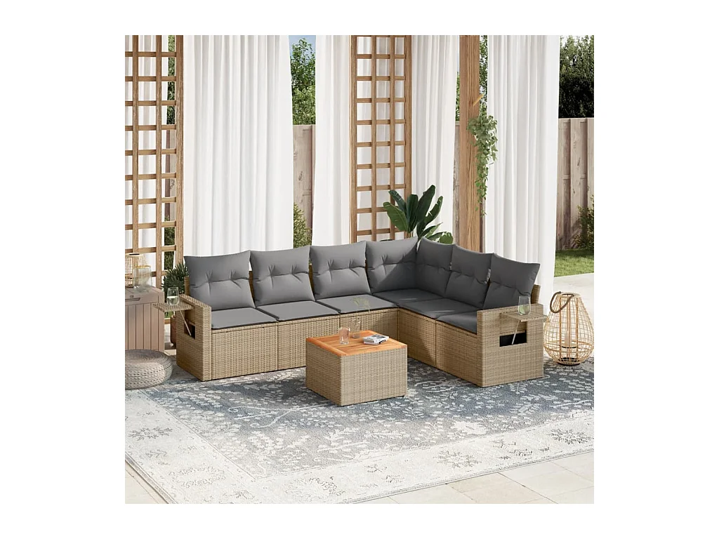 7-tlg. Garten-Sofagarnitur mit Kissen Beige Poly Rattan